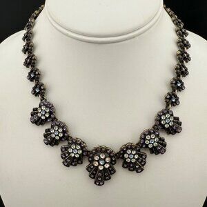 Vintage Floral Glass Crystal Rhinestone Necklace Anthracite Finish Statement Pie